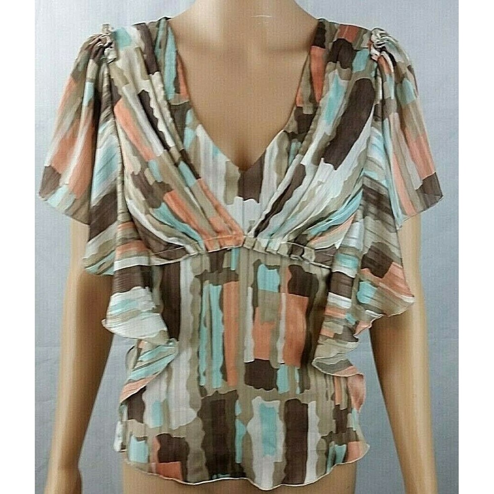 BCBGeneraton Women's(6) Brown/Tan/Blue/Peach Ruffle V-Neck Top/Blouse